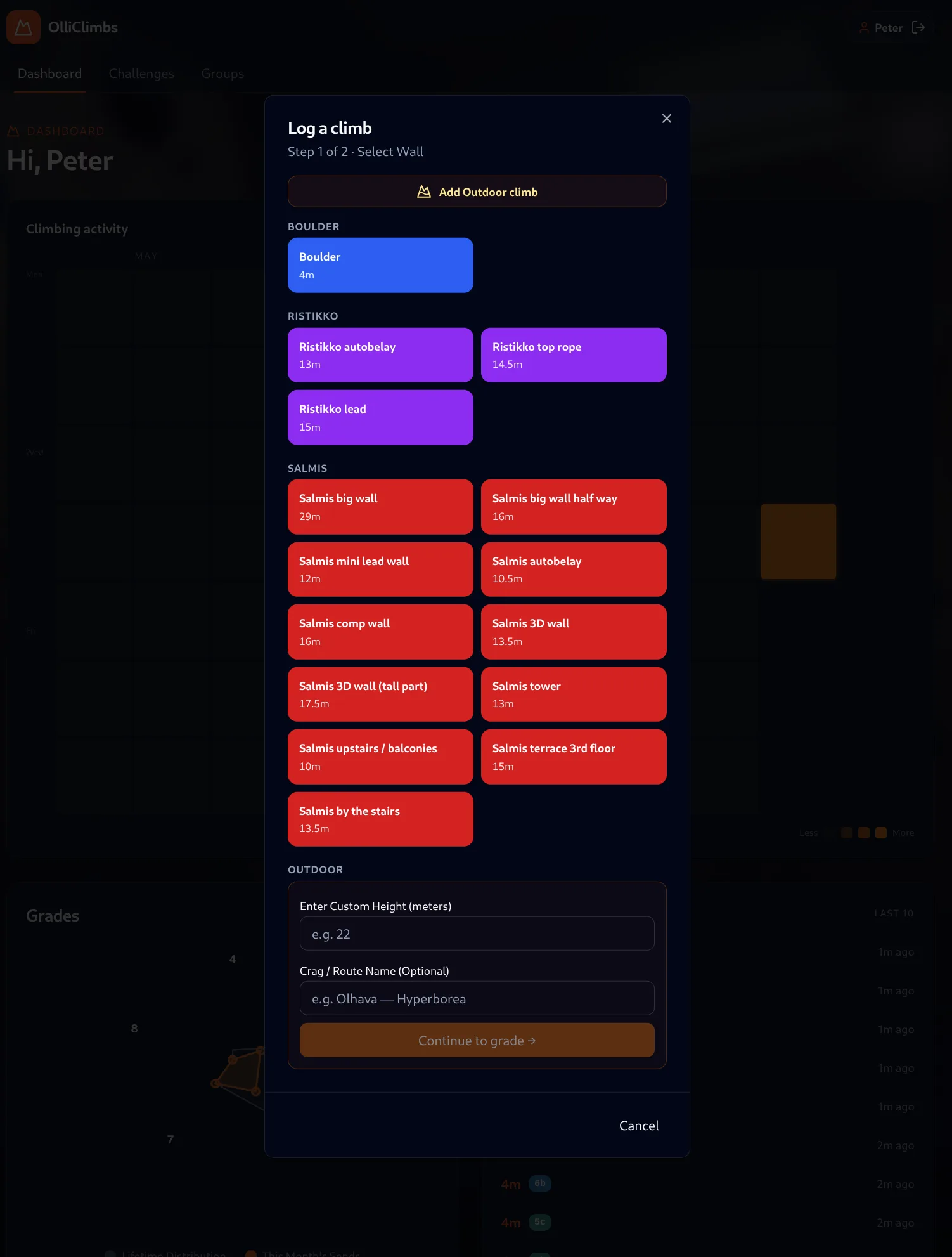 Olli Climbs app showing leaderboards and rankings