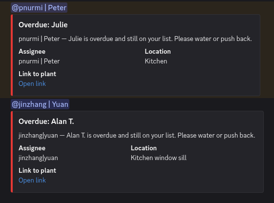 Discord channel showing overdue plant watering alerts with assignee and location
